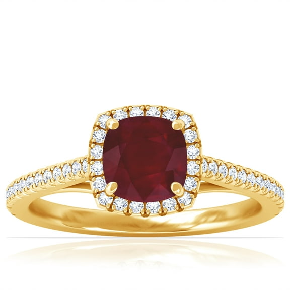 GemsNY July Birthstone - Classic Square Cushion Ruby Halo Ring with Pave Set Diamonds (Grade - AA | 1.01cttw)