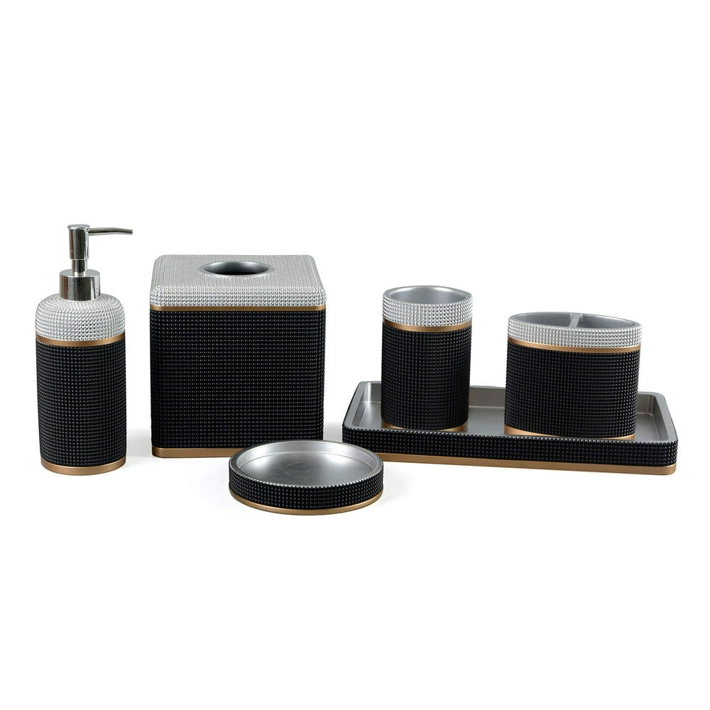 Decozen Bathroom Accessories Set, 6 Piece Gold Black Poly Resin Bath