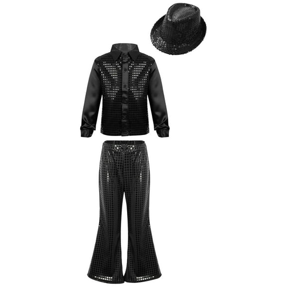 YONGHS Boys Girls Sequins Hip Hop Jazz Choir Disco Dance Outfits Shirt with Flared Pants Hat Set Black 7-8
