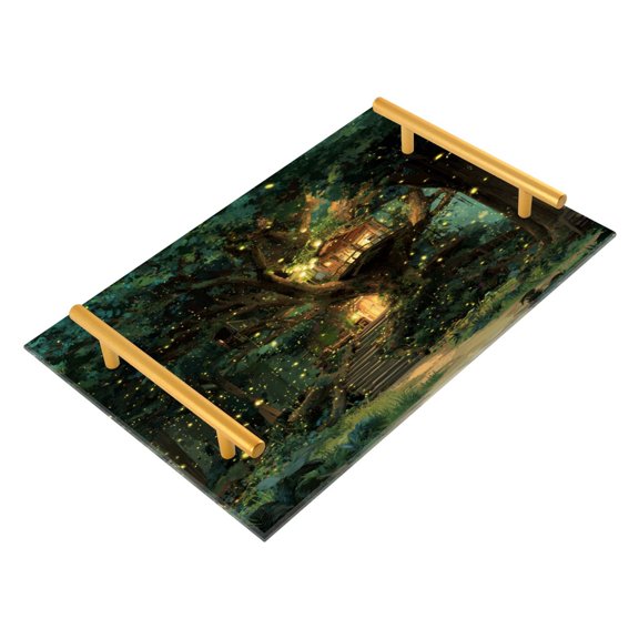 Acrylic Bathroom Storage Tray with Stainless Steel Handle Bathroom Vanity Counter Organizer Tray Multi-Purpose Decorative Tray Whimsical Treehouse Nestled