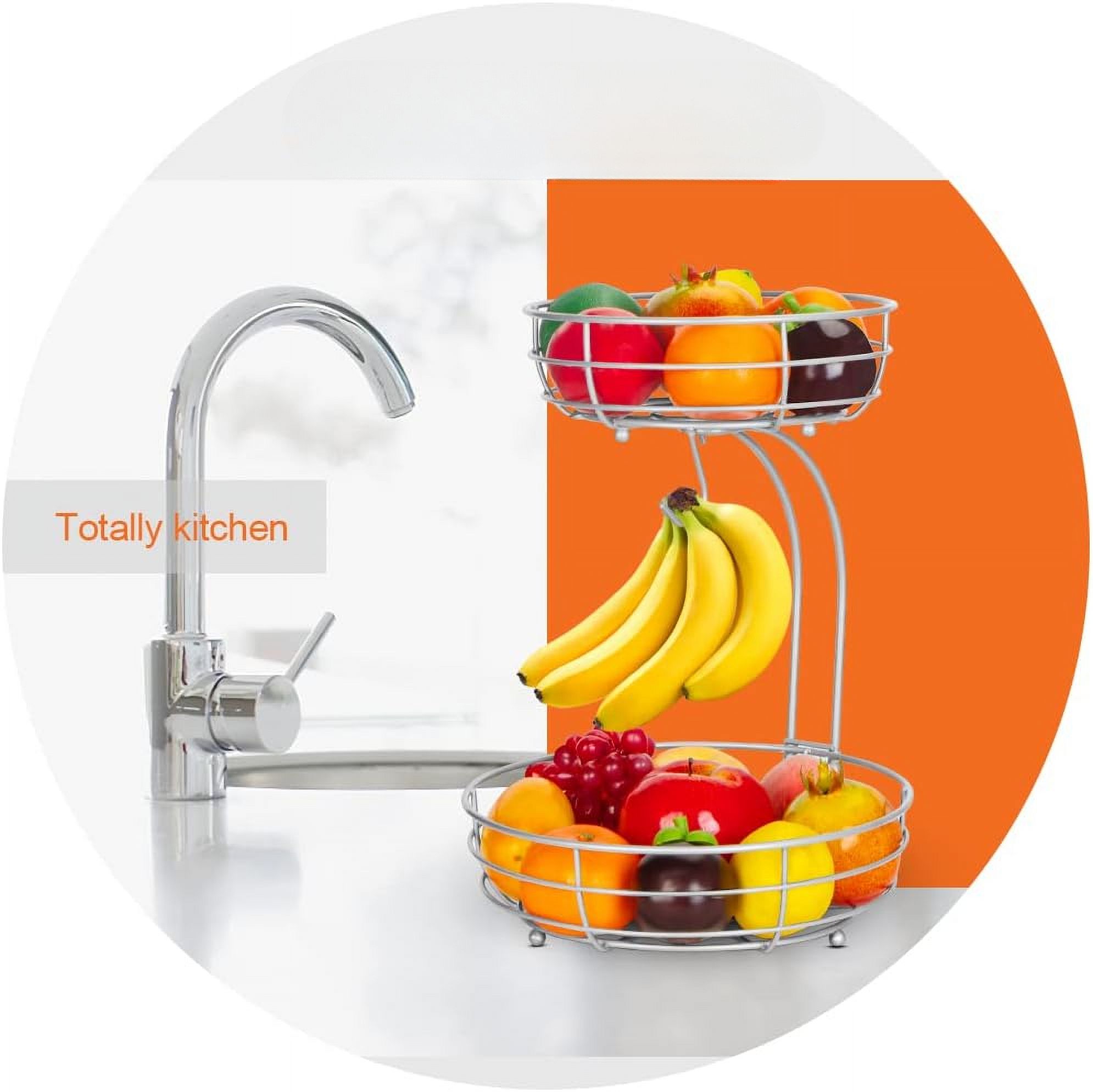 Iron 2-Tier Countertop Fruit Basket. Storage with Banana Hanger. Black, 64 Ounces. Stylish and Practical. Organize Your Fruits and Veggies. Durable Iron Construction.