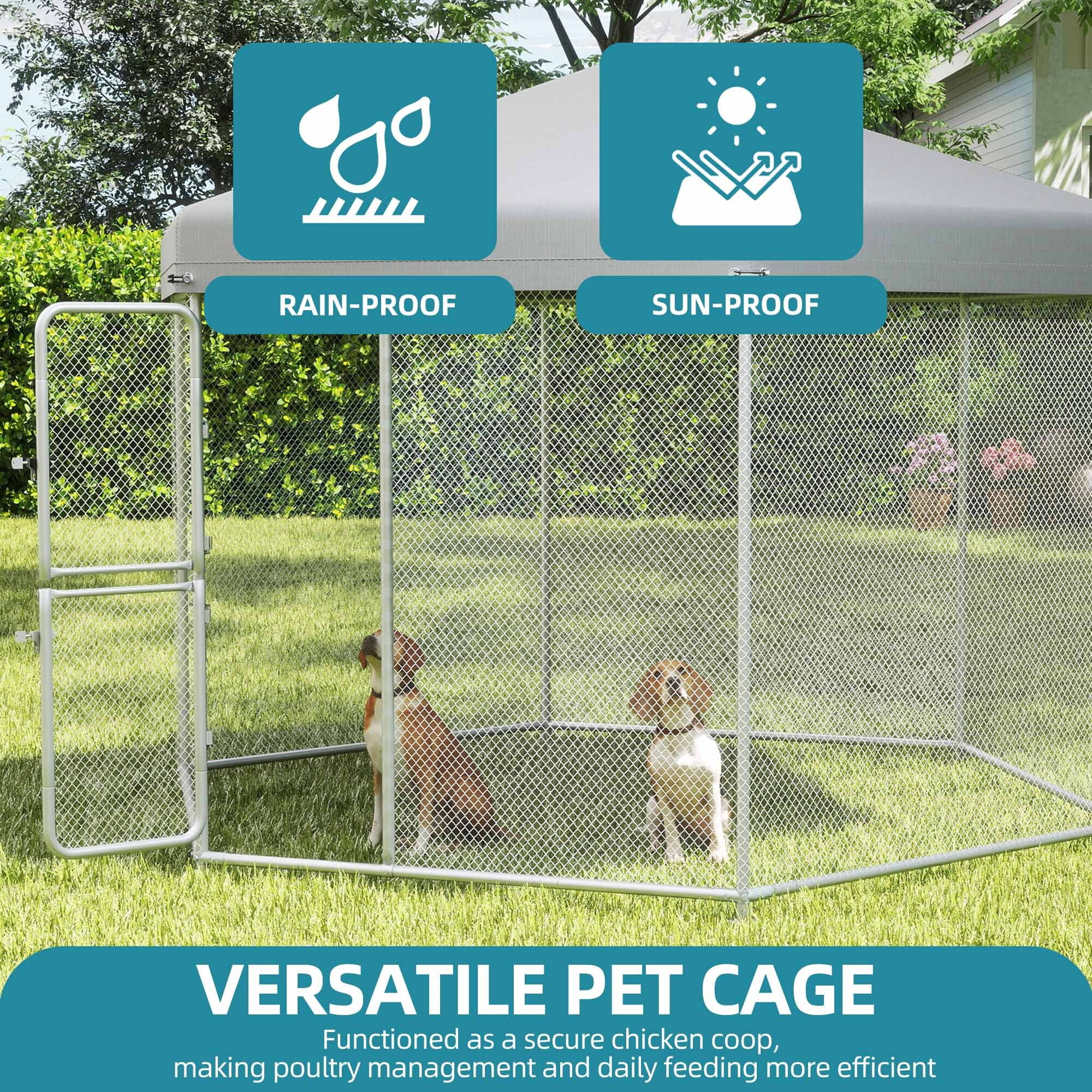 ModFusion 9.8×8.2 ft Large Outdoor Dog Kennel, Heavy Duty Galvanized Steel with Waterproof Cover, Sliver