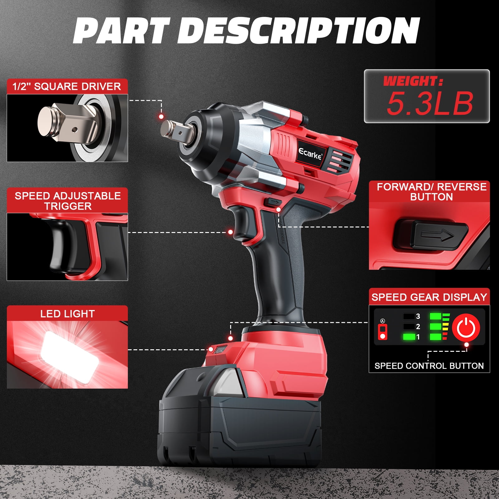 Cordless Impact Wrench 1/2 inch Compatible for 18V Battery, 1360N.m High Torque Impact Driver(no battery)