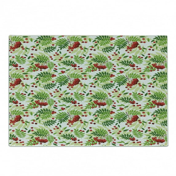 Rowan Cutting Board, Green Leaves Wild Mountain Fruits Raceme Continuous Seasonal Pattern, Decorative Tempered Glass Cutting and Serving Board, Small Size, Apple Green Fern Green, by Ambesonne