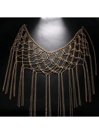 Women Rhinestone Tassel Body Chain Body Chest Chain Multilayer Body Jewelry  for Women Ladies (Silver)