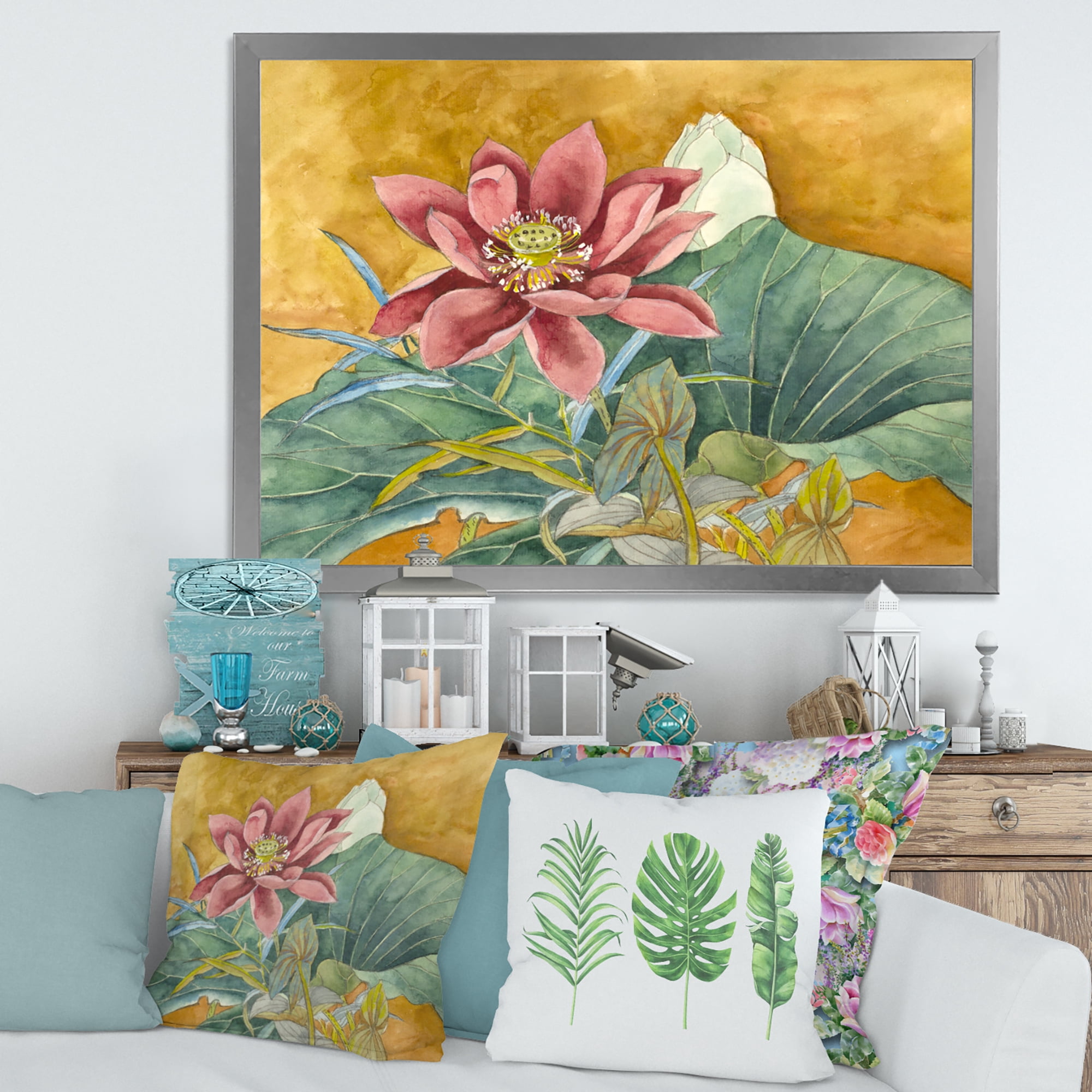 Designart 'Ancient Impression of Pink Lotus' Traditional Framed Art Print