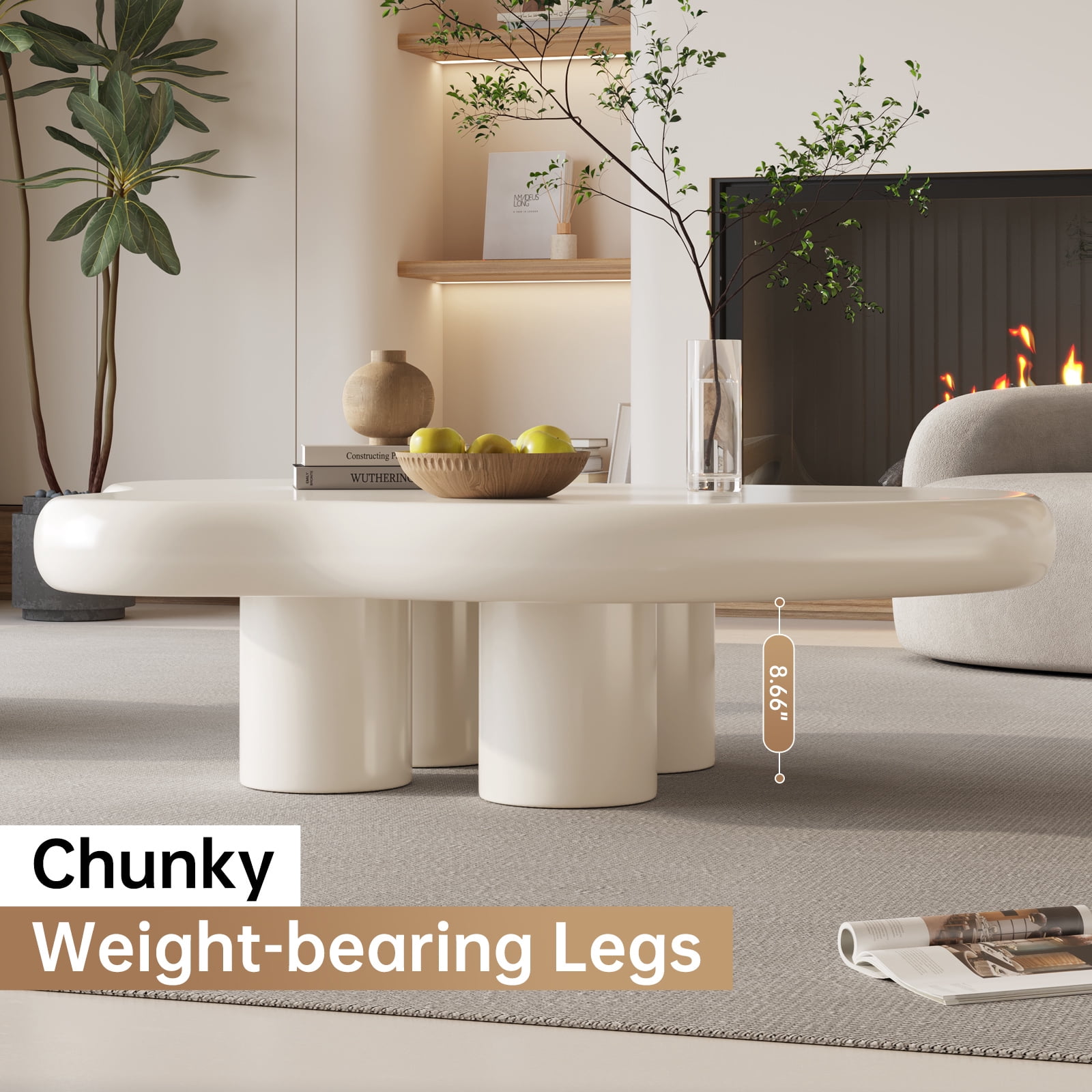 Guyii 41.02'' Cloud-Shaped Coffee Table with 4 Legs, Modern Wood Coffee Table for Living Room, Apartment, Cream White