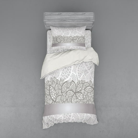 Ambesonne Grey Bedding Set 3 Pcs, Lace Inspired Floral, Twin, Grey Pale Grey White