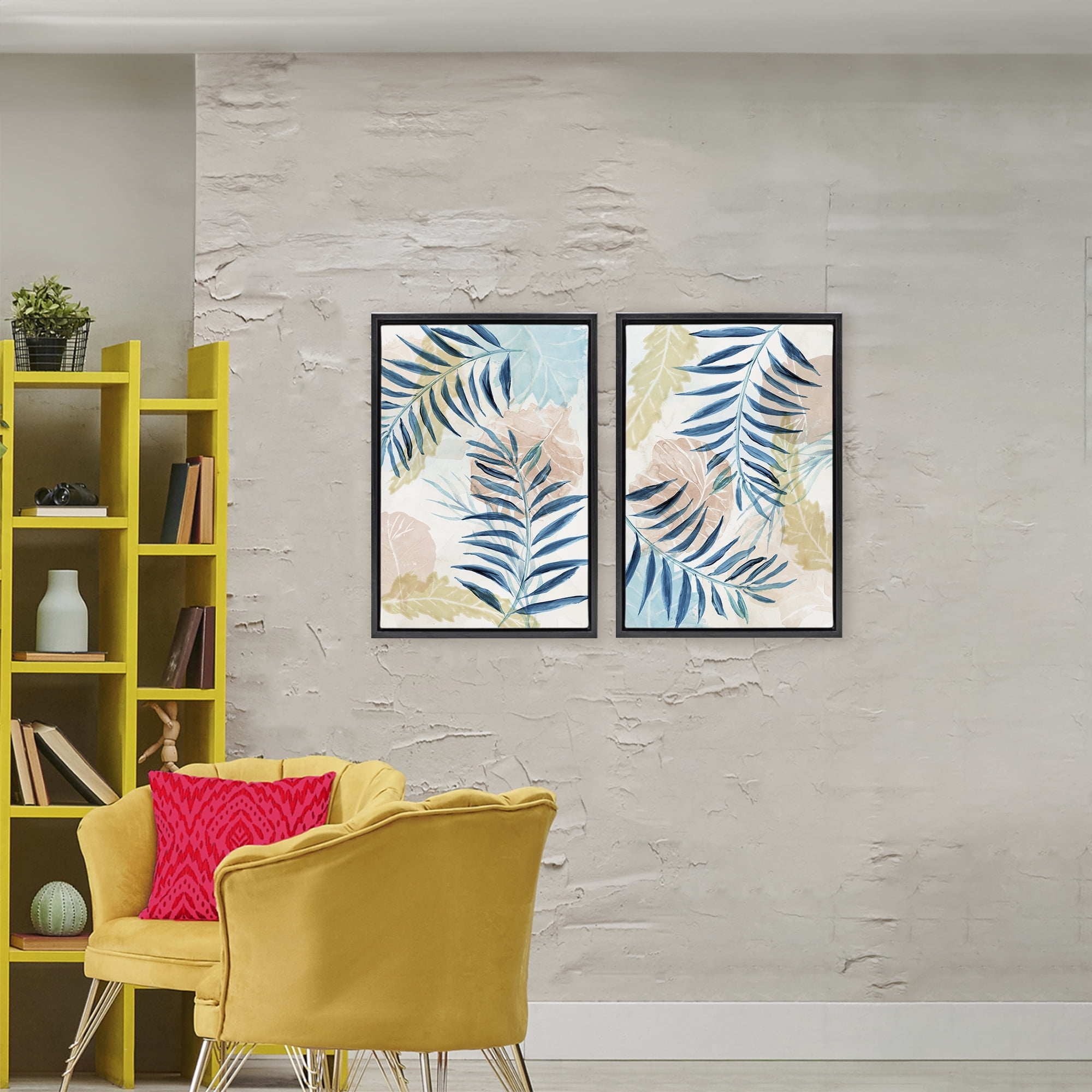 Stupell Industries Pastel & Blue Palm Fronds 2 Piece Black Framed Floater Canvas Set, design by Nan