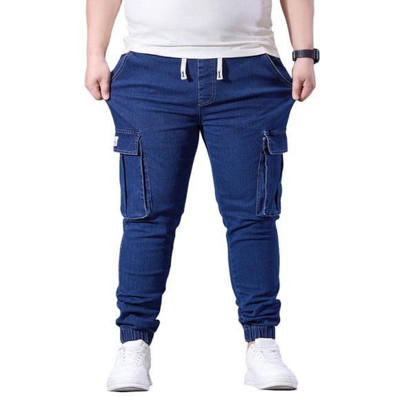 LODIENY Mens Cargo Joggers Tapered Jeans Elastic Waist Drawstring Denim Trousers Y2K Streetwear Vintage Jean with Multi Pockets Blue XXXXXL