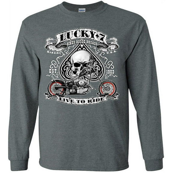 Lucky 7 Biker Skull Decal T-shirt Men's Long Sleeve Tee Gray