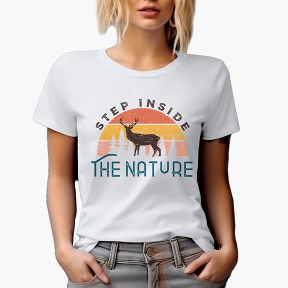 Distressed Step Inside the Nature - Retro Deer Art Adventure Themed Merch Gift, White T-Shirt, Small