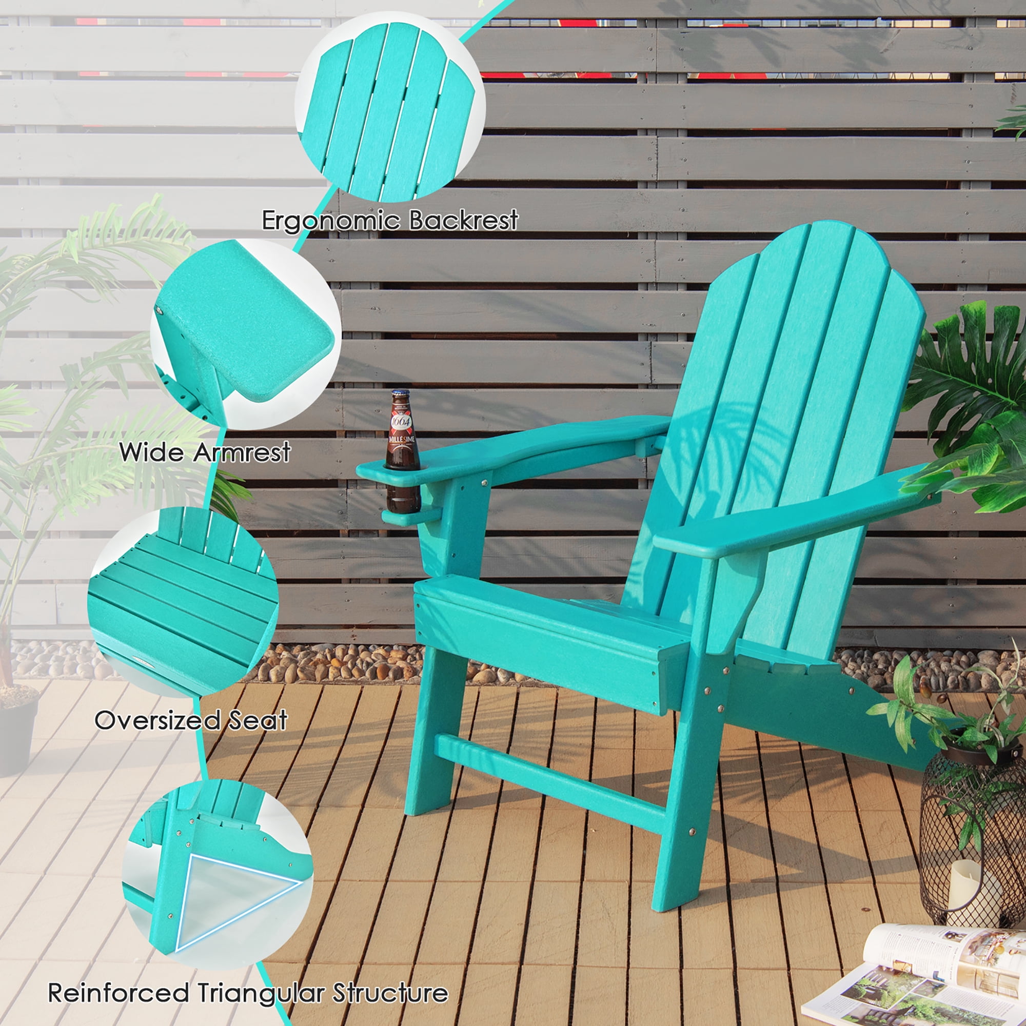 Costway 2PCS Patio Adirondack Chair Weather Resistant Garden Deck W/Cup Holder Turquoise