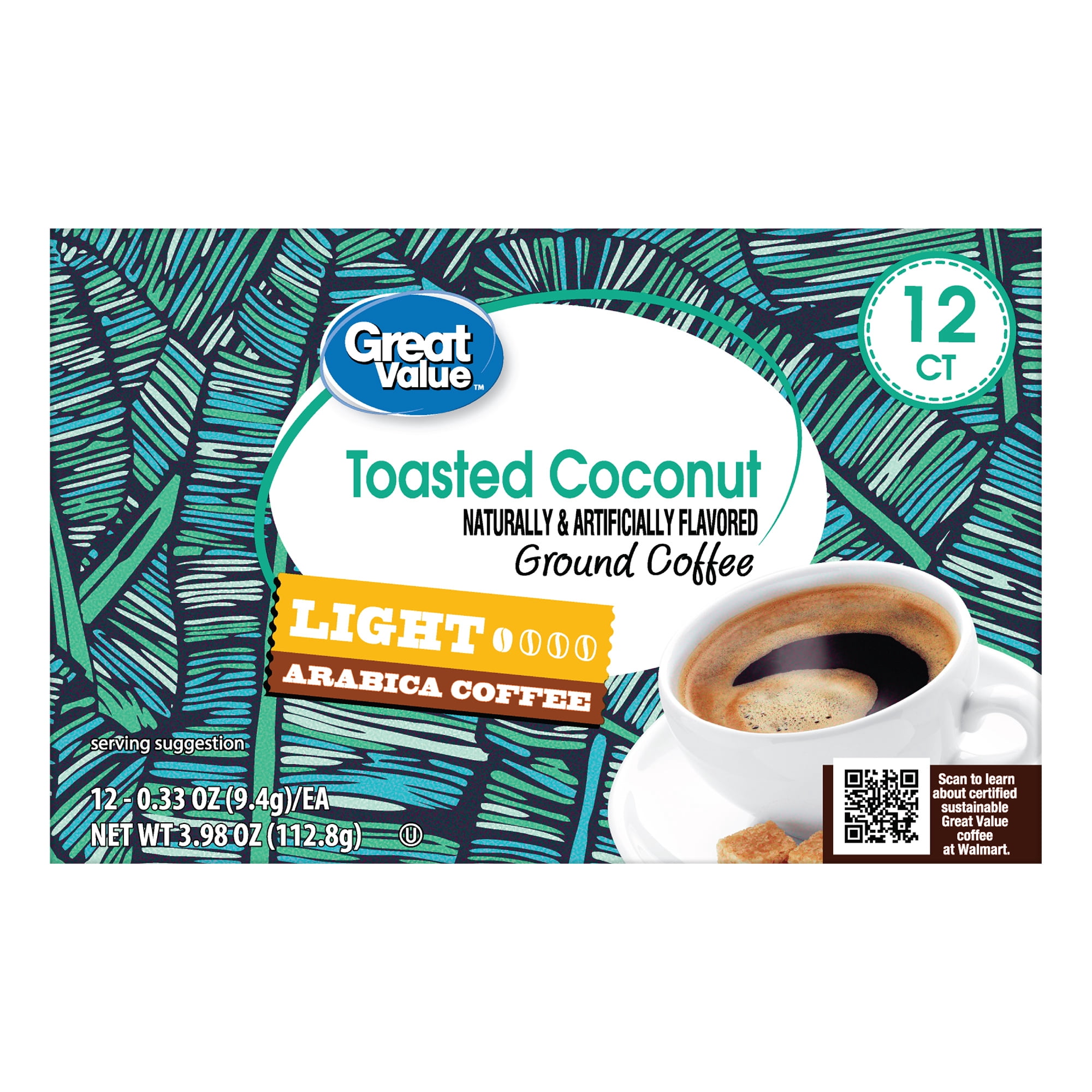 (6 pack) Great Value 100% Arabica Toasted Coconut Light Roast Arabica Coffee Pods, 12 Count