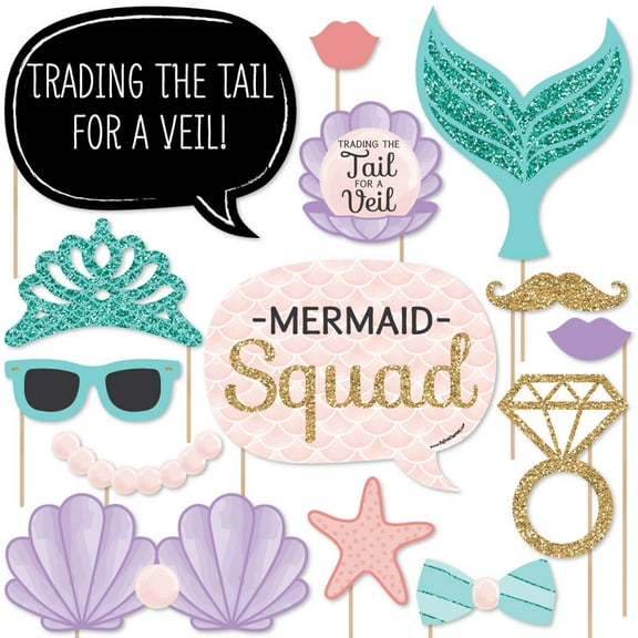 Big Dot of Happiness Trading The Tail For A Veil - Mermaid Bachelorette Party or Bridal Shower Photo Booth Props Kit - 20 Count