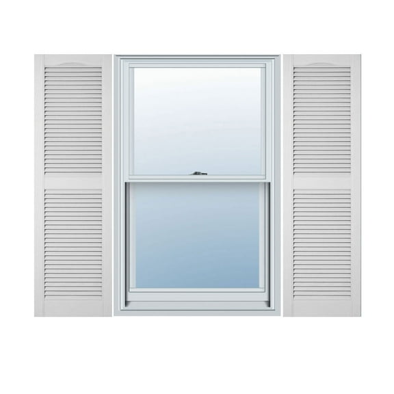 BUILDERS EDGE INC Pair of 15" x 39" 001 White Vinyl Arched Top Center Rail Louvered Shutters 010140039001