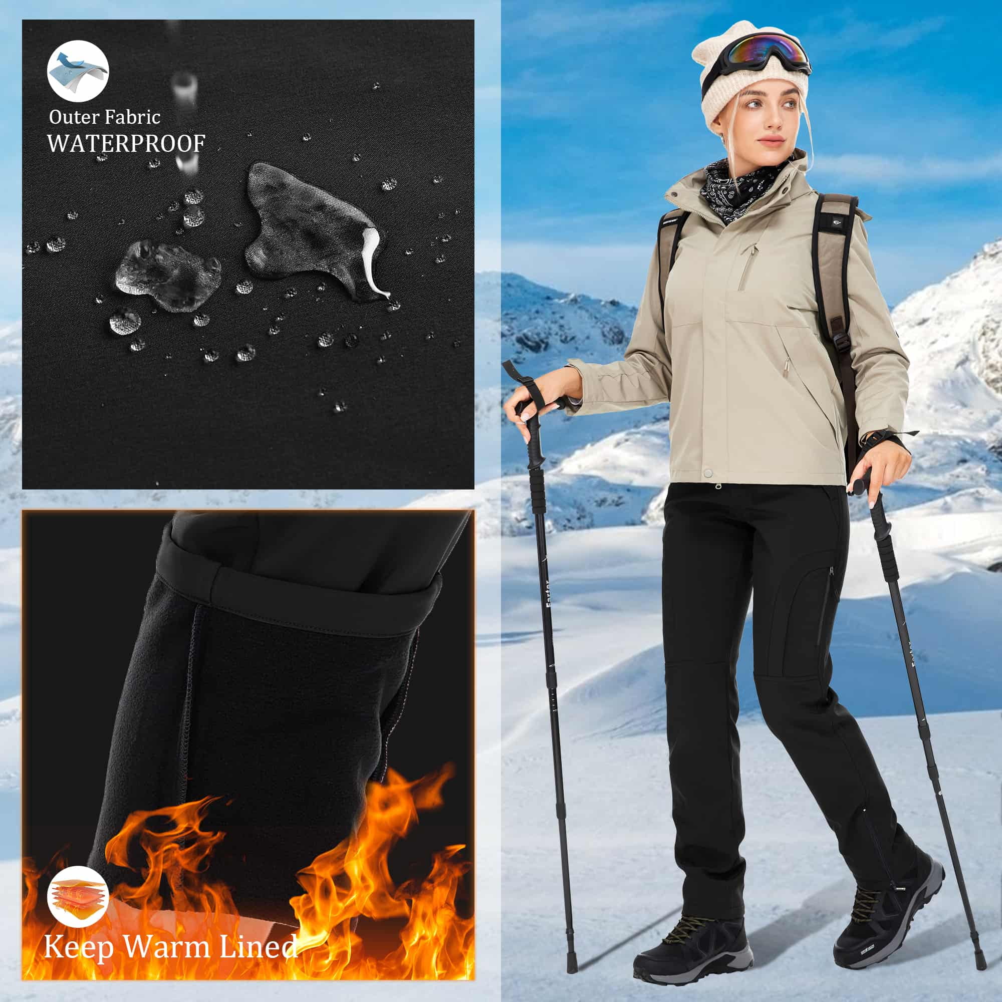 FEN AI Women's Fleece Lined Snow Pants Water Repellent Insulated Softshell Pants Outdoor Snow Ski Pant Winter Warm Hiking Trousers Black