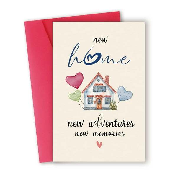 New Home Card – "New Home, New Adventures" Design with Heart Balloons – Perfect for Housewarming Gifts, Congratulations, or Celebrating New Beginnings