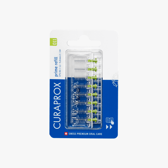 Curaprox CPS 011 Prime Refill Interdental Brushes, Green, Gentle Cleaning of Tight Gaps, for Adults, 8 Count