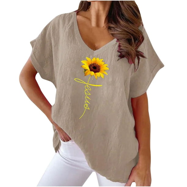 Camiseta de Manga Corta con Cuello en V con Impresión de Girasol, Algodón Casual Y Top de Cáñamo
