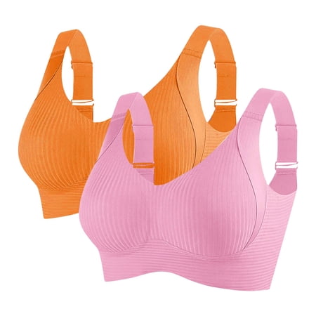 2 Pack Bras for Women Seamless Ribbed Wide Adjustable Straps Full Coverage Push up Support Underwear Sports & Daily Wear (XL Pink Orange)