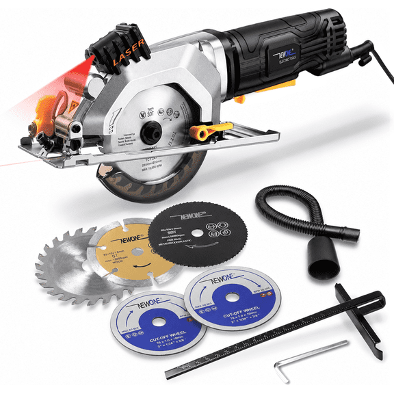 NEWONE Mini Circular Saw 4.5Amp Electric Circular Saw with 6 Saw Blades 3500RPM Circular Saw with Laser for Wood Soft Metal Tile and Plastic Cutting