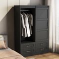 thumbnail image 4 of Tall Bedroom Armoire with Barn Door Design, 4 Drawers & 4 Open Shelves, Space-Saving Clothing Storage Cabinet with Hanging Rod for Dresses & Coats, Durable MDF Construction, 4 of 9