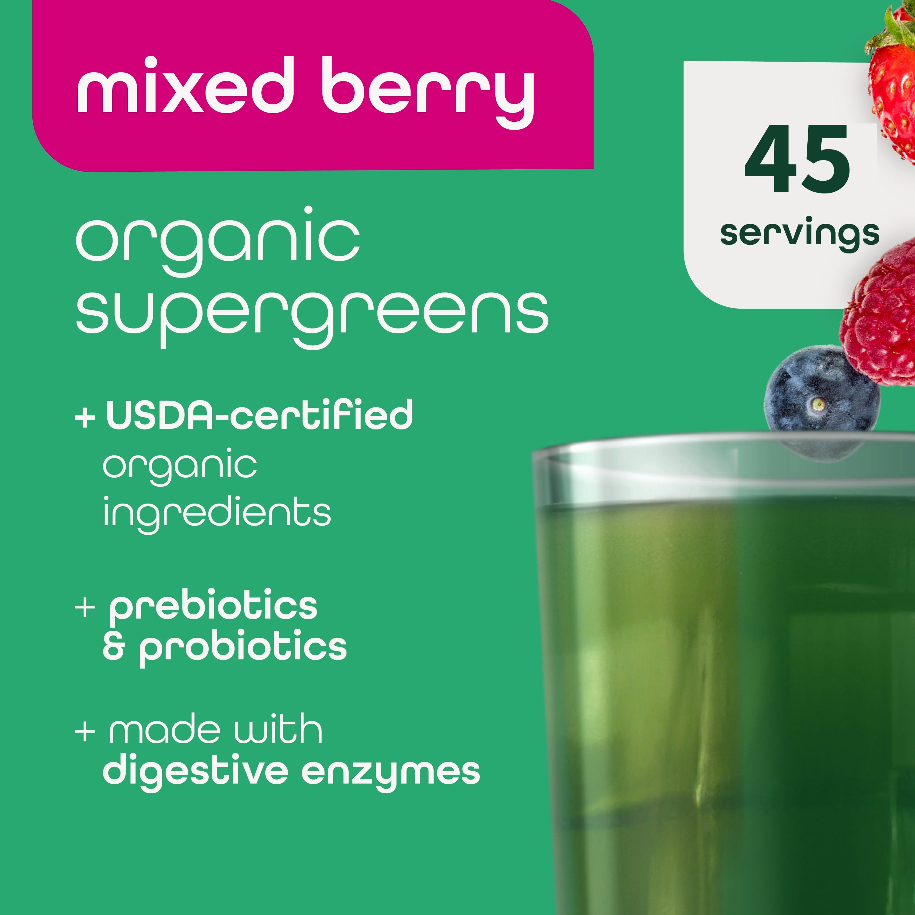 Zena Nutrition Organic Super Greens Powder, Mixed Berry, 0 Sugar, 5G Fiber, Superfoods, 45 Servings