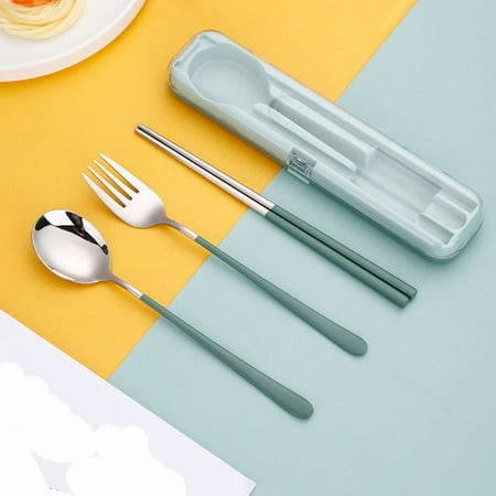

3PCS/Set Kitchen Accessories Camping Travel Tableware Dinnerware With Box Holder Cutlery Set Stainless Steel GREEN