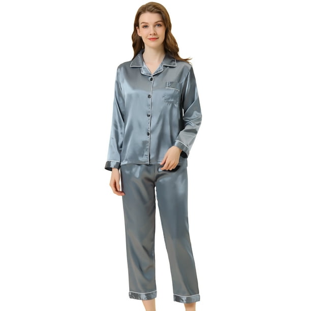 Conjuntos de pijama para mujer Ropa de dormir de manga larga con botones Traje de noche suave para mujer Conjuntos de salón Pj Azul XS