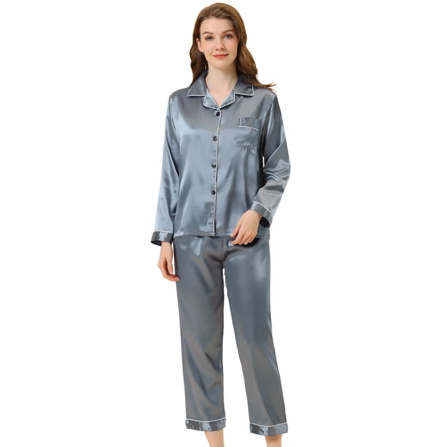 Conjuntos de pijama para mujer Ropa de dormir de manga larga con botones Traje de noche suave para mujer Conjuntos de salón Pj Azul XS