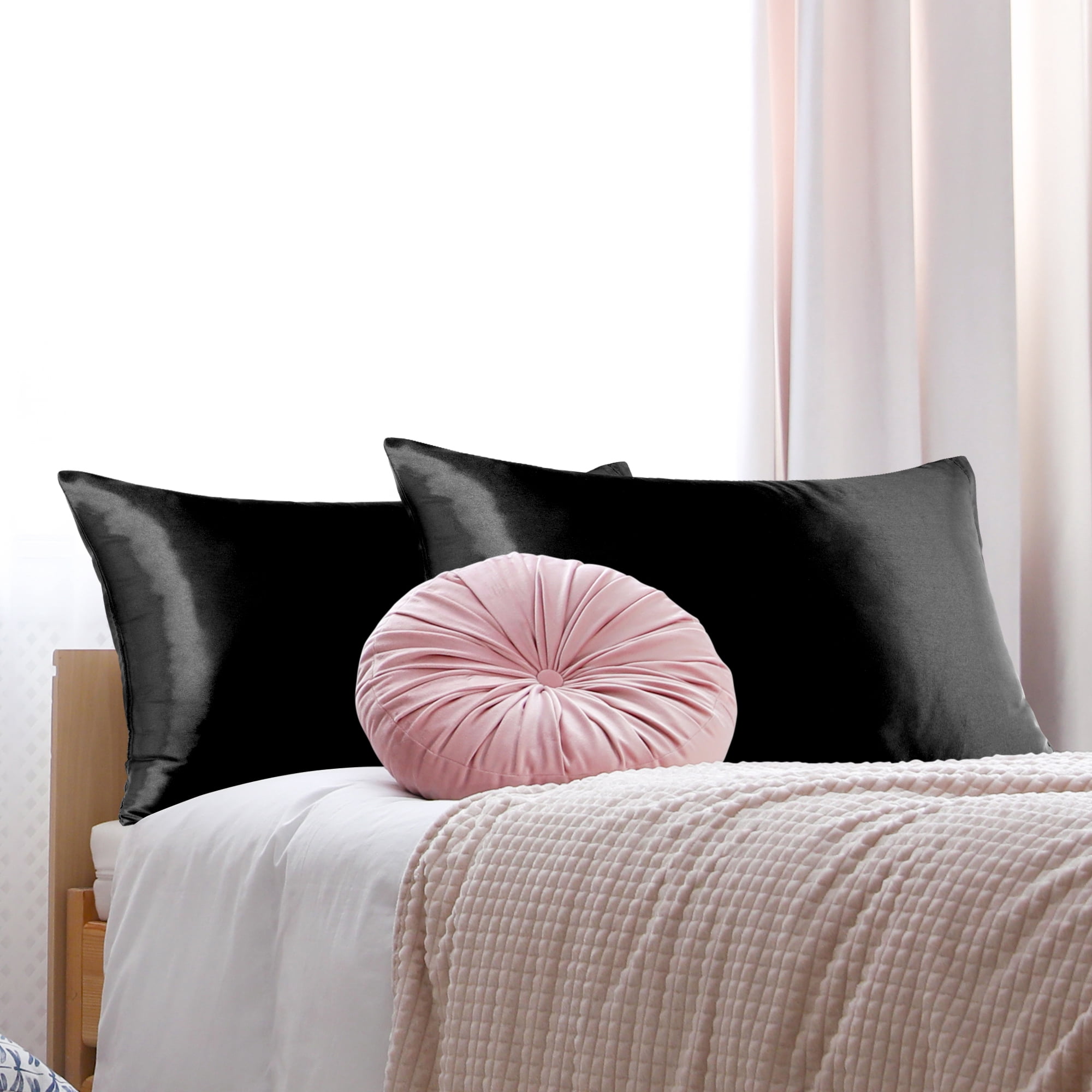 Unique Bargains Satin Set of 2 Zipper Closure Pillowcases Black 17"x25"