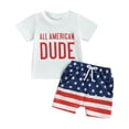 thumbnail image 2 of Miaouyo Toddler Baby Boys 2PCS 4th of July Outfits, Kids Boys Short Sleeve Letter Print T-Shirts + Knot Front Shorts Independence Day Clothes Set,0-24 Months 2-3 Years, 2 of 10
