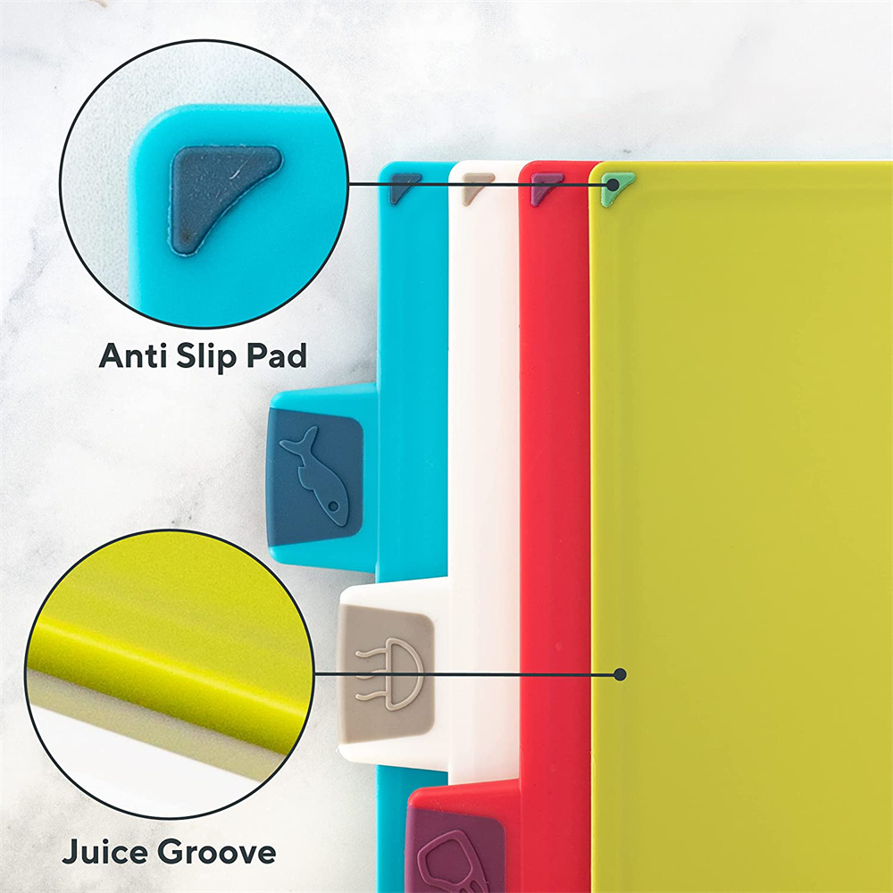 NOGIS Cutting Board Set, Plastic Cutting Board, Set of 4 Cutting Boards with Storage Stand, Chopping Board Set with Color Coded Food Icon for Kitchen Different Food Types (11.8x7.9 Inches)