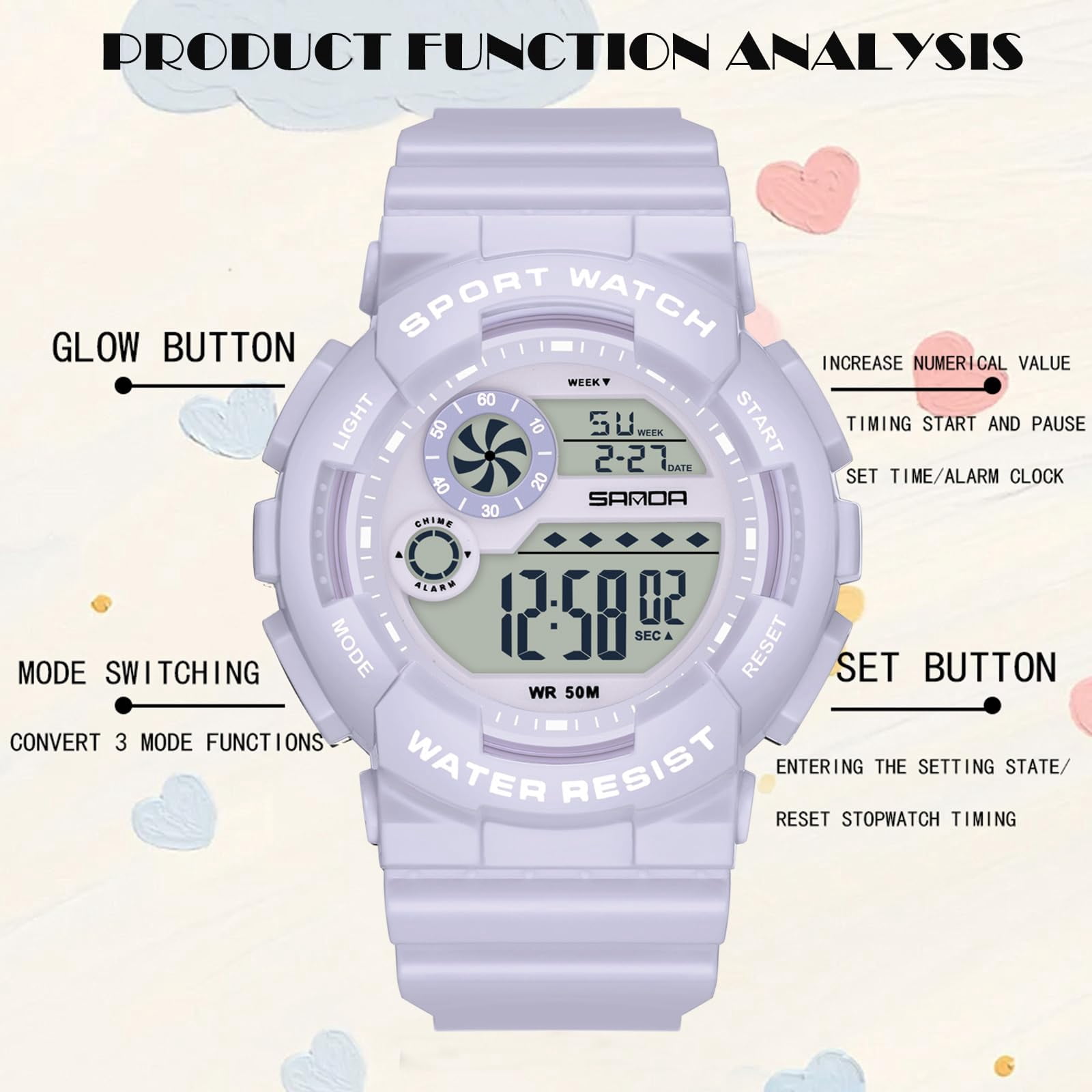 Findtime Digital Watch Womens Sport Waterproof White Wrist Watches for Women with Alarm Stopwatch Hourly Chime LED Display 12H/24H Calendar