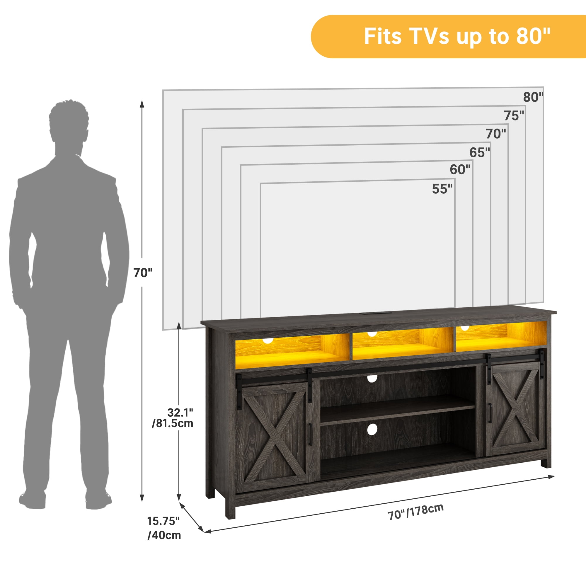 ANPOO Farmhouse TV Stand for 80 inch TVs, Rustic Entertainment Center TV Cabinet Stands with Power Outlets and LED lights