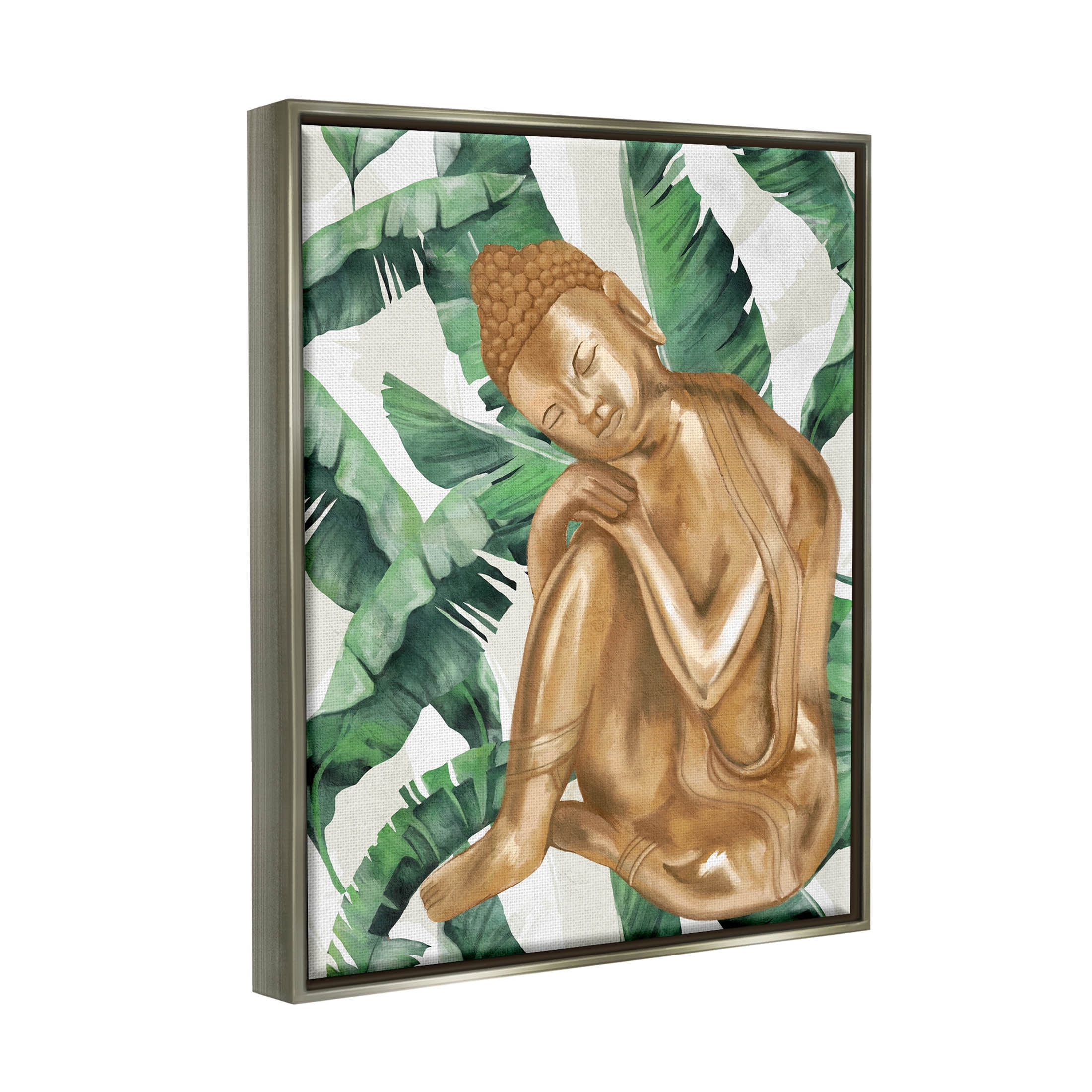 Stupell Industries Tropical Leaves Pattern Buddha Graphic Art Luster Gray Floating Framed Canvas Print Wall Art, Design by Lil' Rue