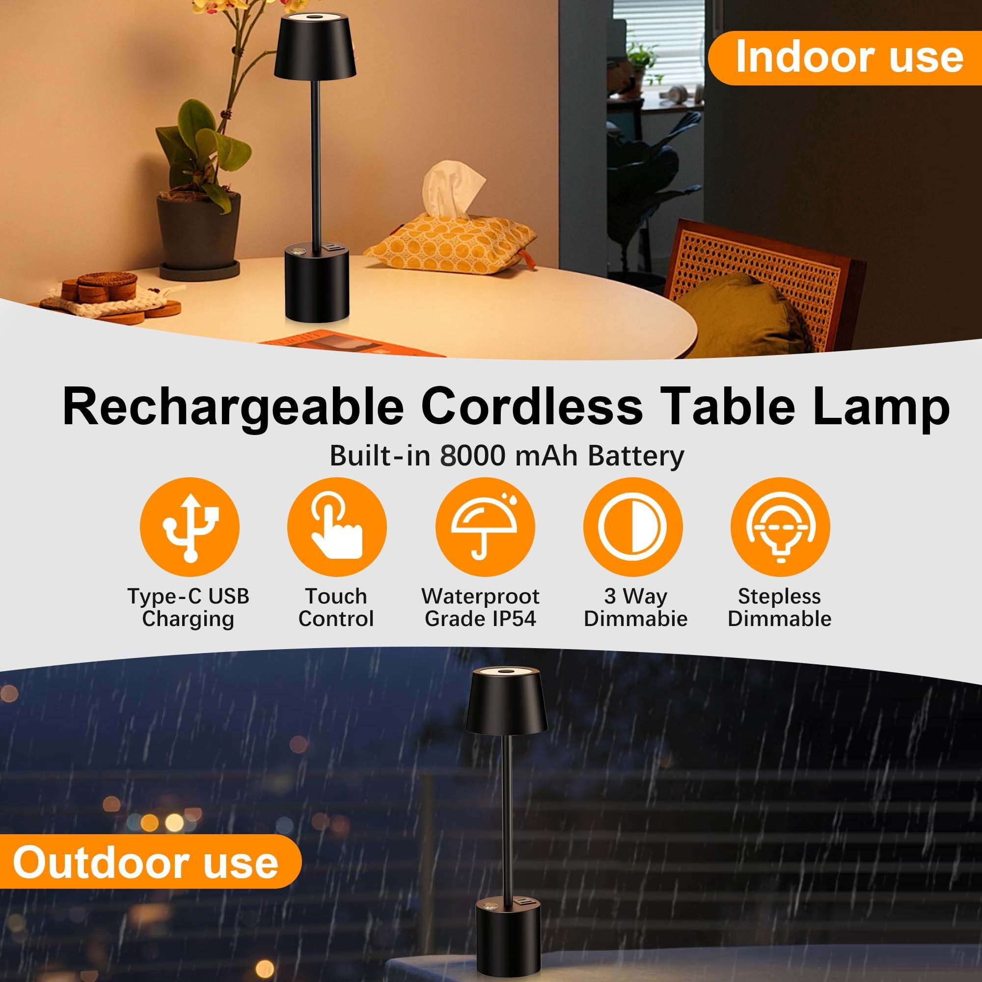 Cordless LED Table Lamp Set of 2, Portable Rechargeable Desk Lamp, Battery Operated Light with USB C+A Ports, 3 Color Dimmable Touch Lamps for Bedroom Living Room Restaurant Patio