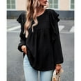 thumbnail image 4 of SWSMCLT Women's Long Sleeve Top Chiffon Cute Shirt Ruffle Loose Soft Crew Neck Summer Lantern Sleeve Blouses Black Small, 4 of 5