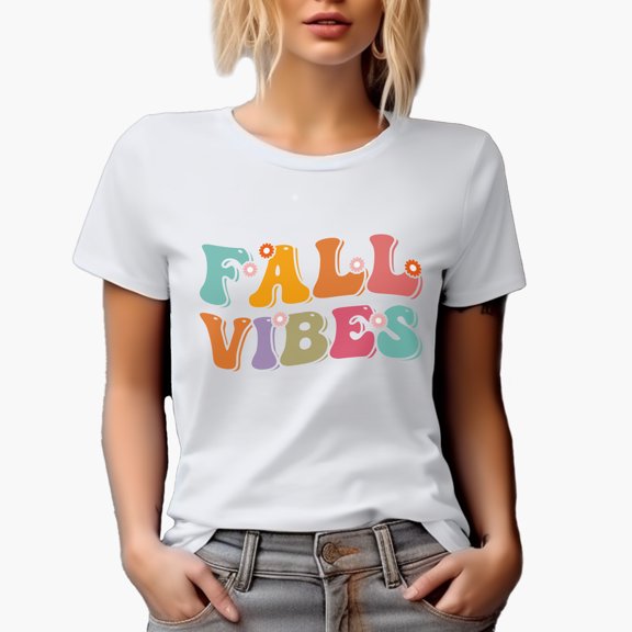Fall Vibes, Autumn Themed, Groovy Retro Wavy Text Merch Gift, White T-Shirt, Small