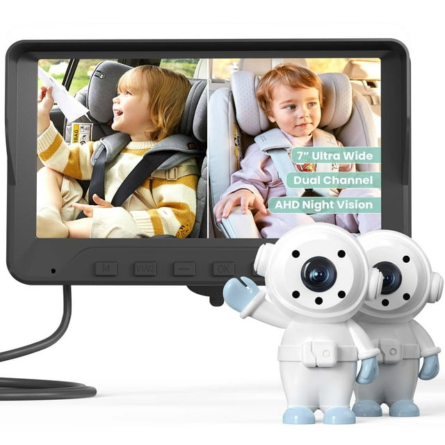Cámara de coche para bebés GROWNSY para 2 niños con AHD ultra ancha de 7 pulgadas