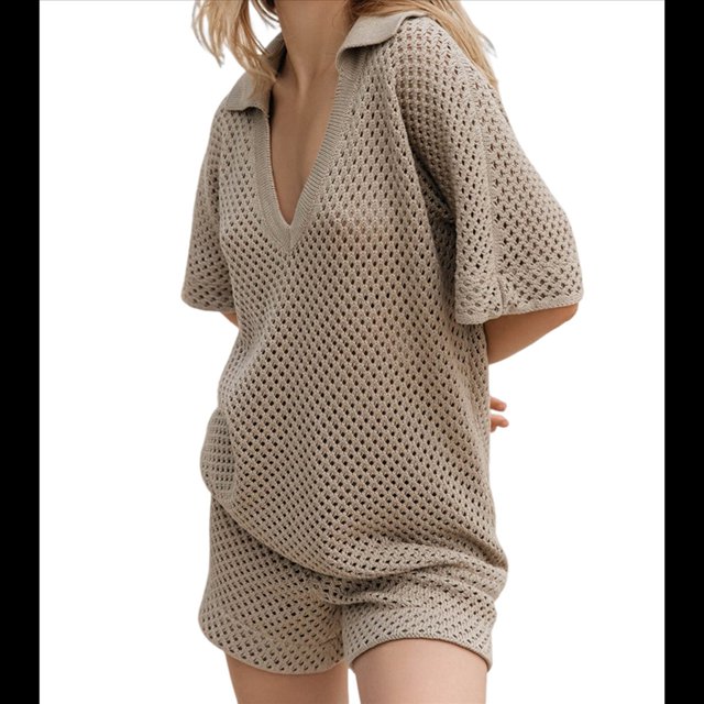 Traje de Baño de Crochet para Mujer, Conjunto de Playa de Verano con Cuello en V, Camisetas de Corta de Punto, Conjunto Corto de 2 Piezas. Caqui XXL