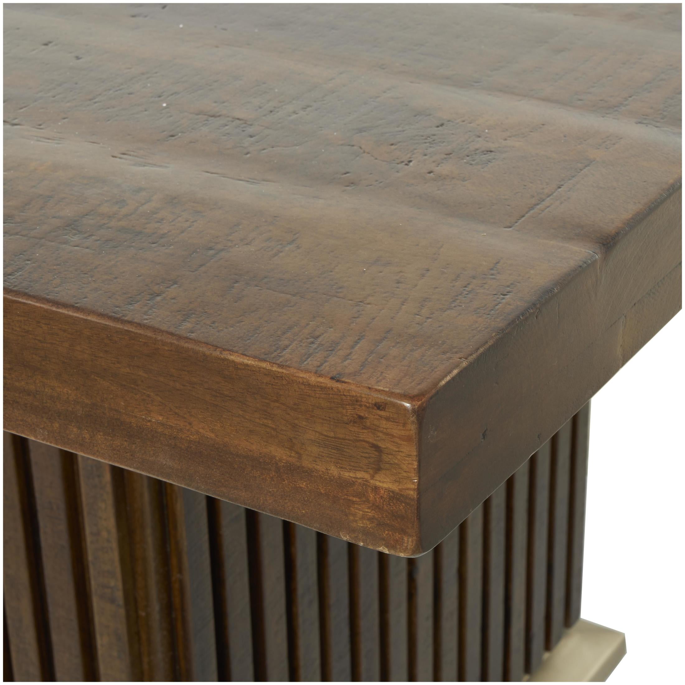 DecMode 84" x 30" Brown Mango Wood Mid Century Modern Dining Table with Ribbed Legs and Silver Bases, 1-Piece