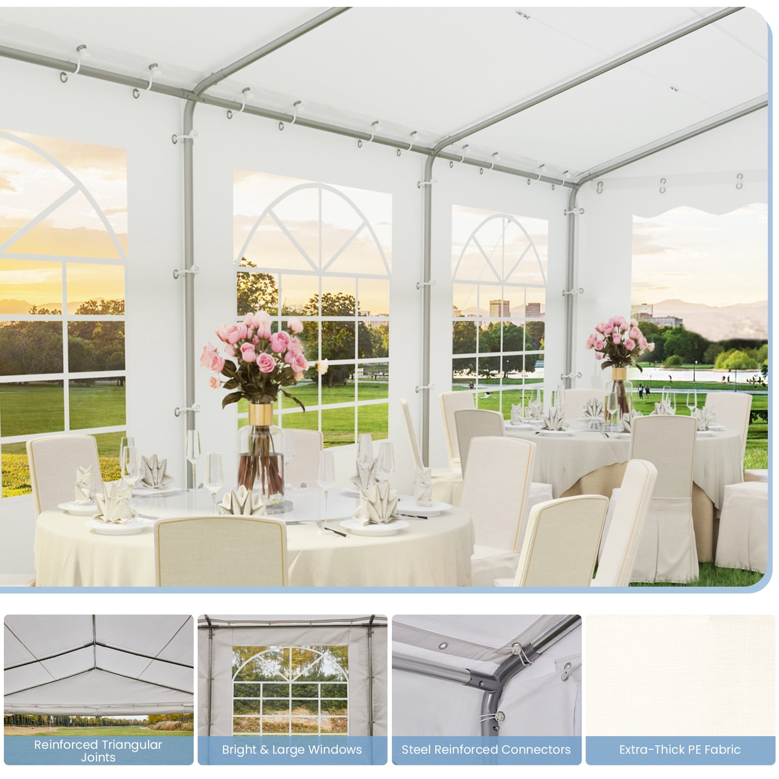 Erommy 20x20FT Heavy Duty Party Tent, Outdoor Wedding Canopy with 8 Removable Sidewalls, 2 Roll up Doors for Large Events,White