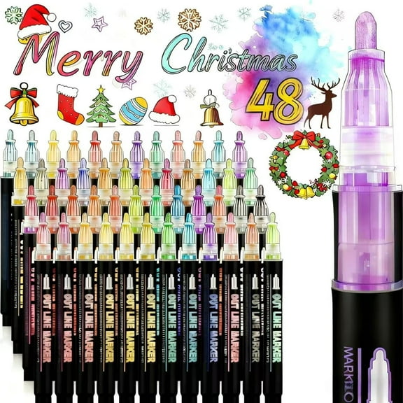 48 Colors Shimmer Markers Metallic Glitter Pens Set Sparkle Gift Present Doodle Drawing Supplies Art Craft
