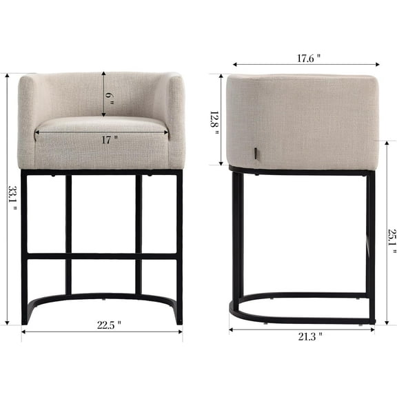 Counter Height Bar Stools Set of 2, Modern Linen Fabric Upholstered Barstools with Arms, 25" Kitchen Counter Stool Bar Chairs with Black Metal Frame for Kitchen Island/Pub/Dining Room, Linen