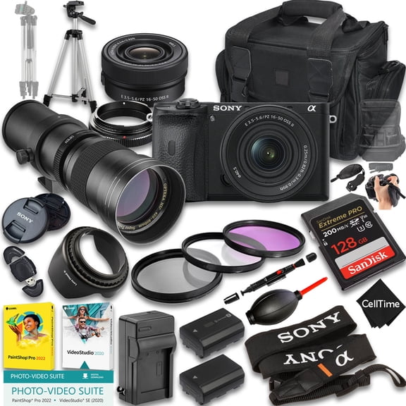 Sony a6600 Mirrorless Camera w/ E PZ 16-50mm OSS & 420-800mm f/8 Manual Telephoto Lens, 128GB Memory, Extra Battery, Case & More (24pc Bundle) (International Version)
