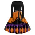 thumbnail image 2 of Women's Halloween Dress Bone Printed Long Sleeve Scary Tea Length Dress Pumpkin Hepburn Crew Neck Horror Swing Dress with Belt 3XL, 2 of 6