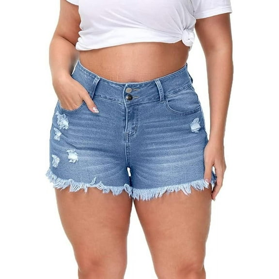 Gocolloa Women Plus Size Jean Shorts Sexy Stretchy High Waisted Frayed Raw Hem Denim Shorts Light Blue 18W