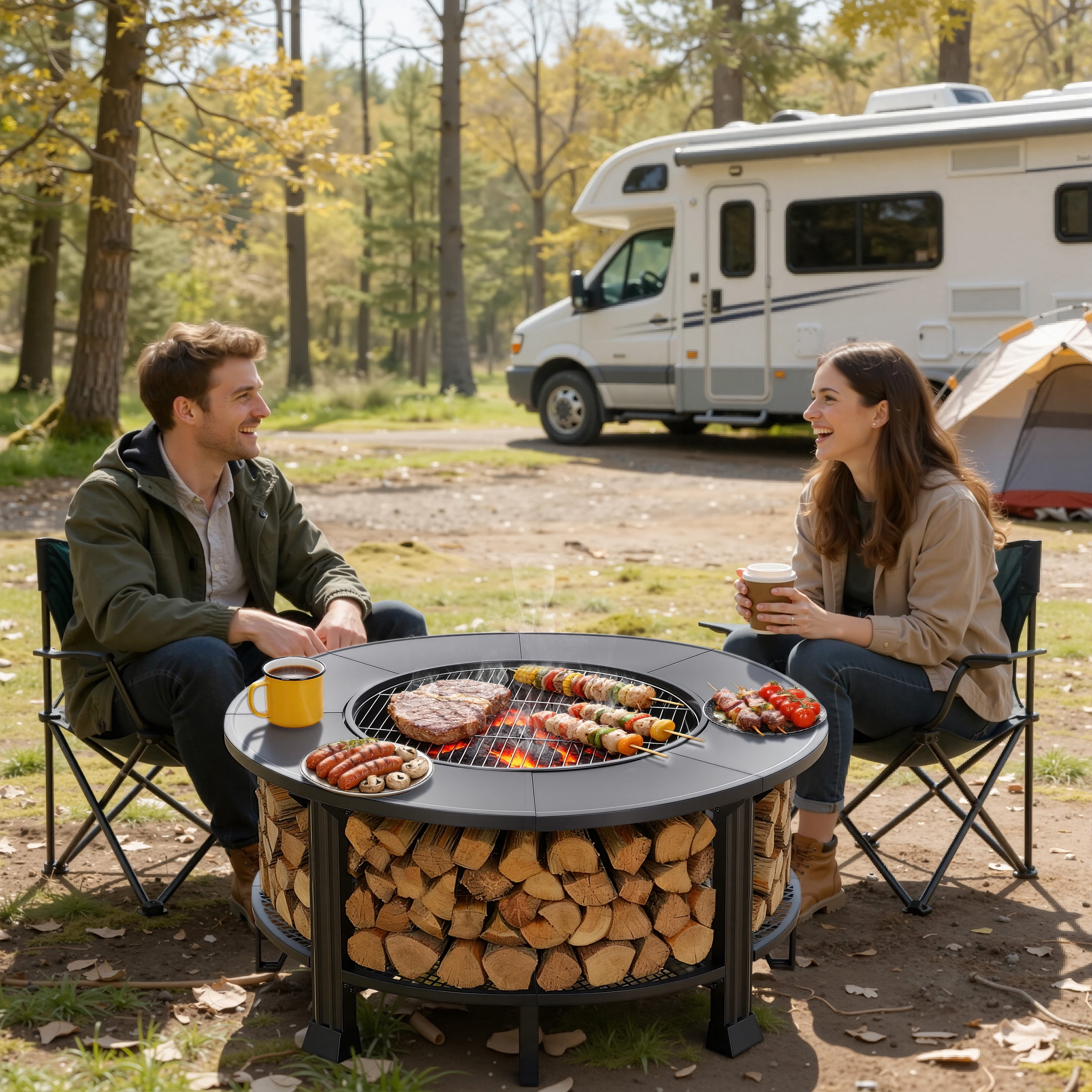 38" Fire Pits for Outside, SEGMART Outdoor Fire Pit, Round Wood Burning Fire Pit with Grill, Poker, Waterproof Cover, Fire Pit Table for Patio BBQ, Backyard Fire Pit, Firepit for Outside Patio, Black